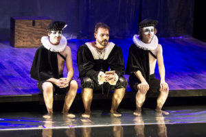 Marcel Meyer as the Prince of Denmark, and Jeremy Richard and Mathew Baldwin as Rosencrantz and Guildenstern in The Tragedy of Hamlet at the Rhodes Theatre, Grahamstown, 06 July 2015, at the 2015 National Arts Festival. Abrahamse & Meyer Productions brings this new rendition of the tragedy as performed by the crew aboard The Red Dragon off the East Coast of South Africa, one of the earliest recorded performances of Hamlet, in 1608. Pic CuePix / Jane Berg