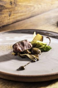 Luke Dale-Roberts Smoked Beef Fillet, Café au lait sauce, Ox heart stuffing, Porcini and onion