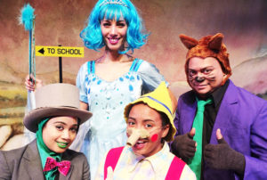 Buddy-Bo Butler (Blue Fairy), Dean Van Der Ventel (Fox), Desle Mc Conney (Jimimy Cricket) and Mar-li Van Der Merwe (Pinocchio) in a scene from Pinocchio, which is currently running at the Nassau Theatre.