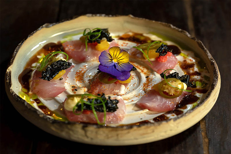Cheyne Morrisby's yellowtail ceviche- nam jim, pickled daikon, tigers milk and unagi gel. Pictures: Andrew Morgan