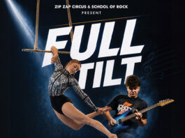 Zip Zap’s acrobats fly to a live band in District Six Full Tilt Zip Zap School of Rock